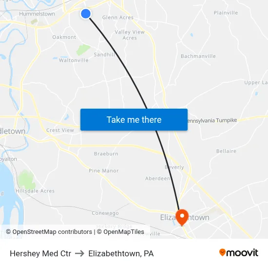 Hershey Med Ctr to Elizabethtown, PA map