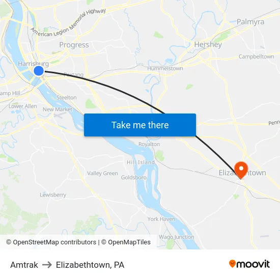 Amtrak to Elizabethtown, PA map