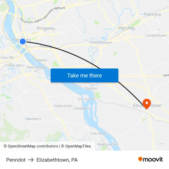 Penndot to Elizabethtown, PA map