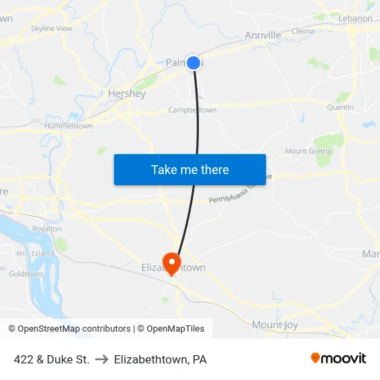 422 & Duke St. to Elizabethtown, PA map