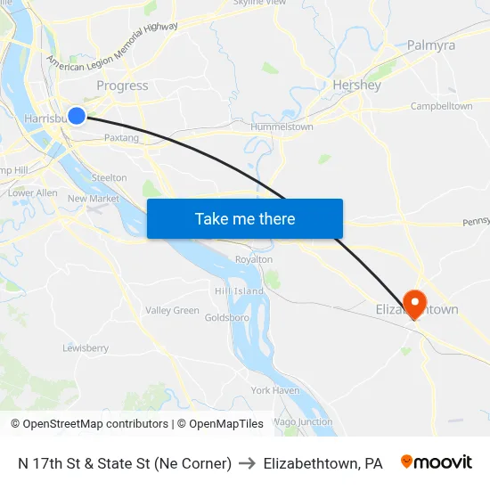 N 17th St & State St (Ne Corner) to Elizabethtown, PA map