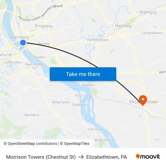Morrison Towers (Chestnut St) to Elizabethtown, PA map