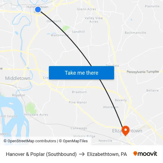 Hanover & Poplar (Southbound) to Elizabethtown, PA map