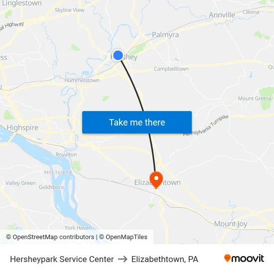 Hersheypark Service Center to Elizabethtown, PA map