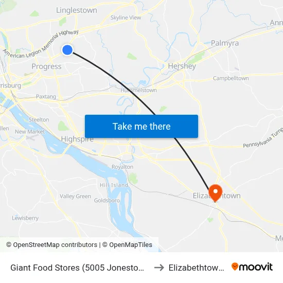 Giant Food Stores (5005 Jonestown Road) to Elizabethtown, PA map