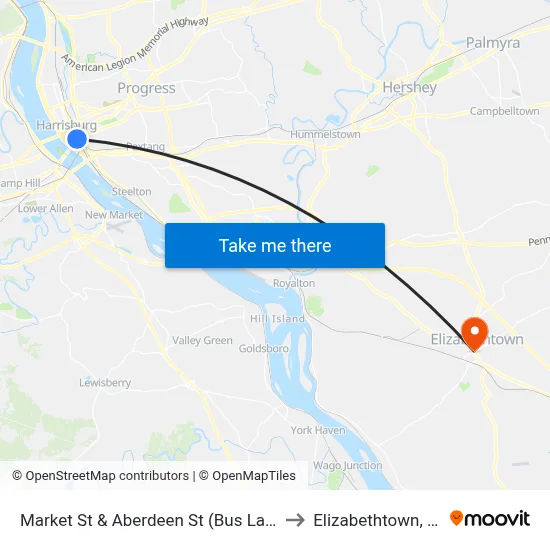 Market St & Aberdeen St (Bus Lane) to Elizabethtown, PA map