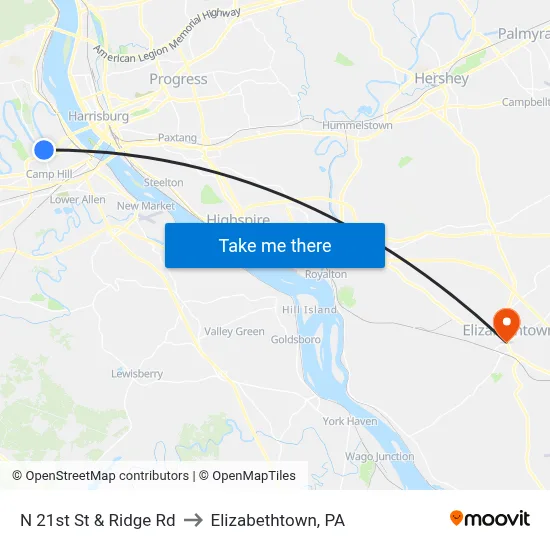 N 21st St & Ridge Rd to Elizabethtown, PA map
