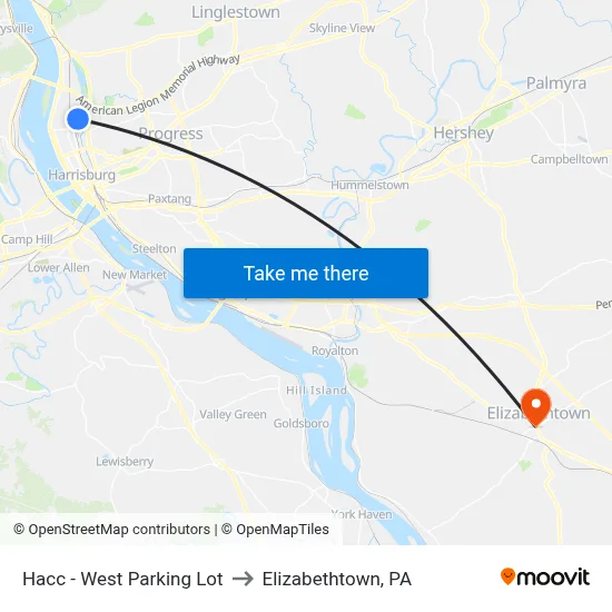 Hacc - West Parking Lot to Elizabethtown, PA map
