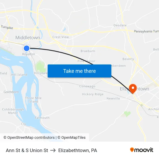 Ann St & S Union St to Elizabethtown, PA map