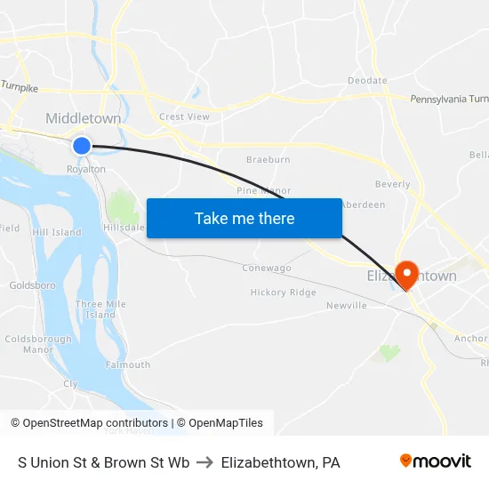 S Union St & Brown St Wb to Elizabethtown, PA map