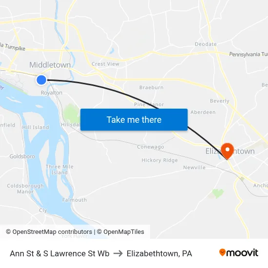 Ann St & S Lawrence St Wb to Elizabethtown, PA map