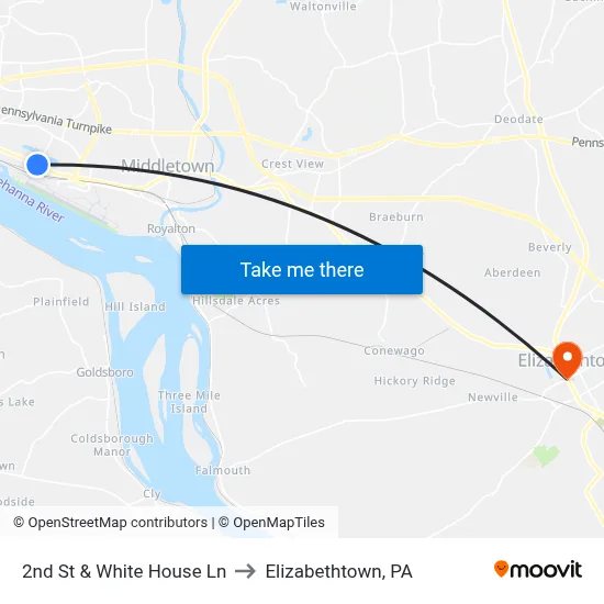 2nd St & White House Ln to Elizabethtown, PA map