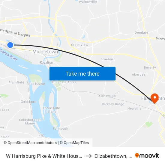 W Harrisburg Pike & White House Ln to Elizabethtown, PA map