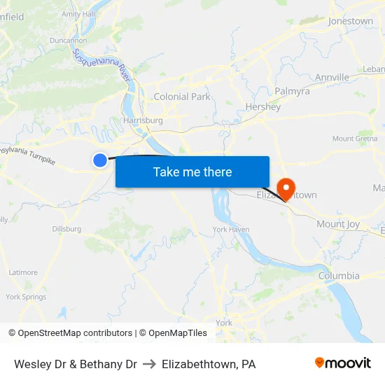 Wesley Dr & Bethany Dr to Elizabethtown, PA map