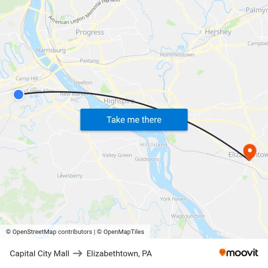 Capital City Mall to Elizabethtown, PA map