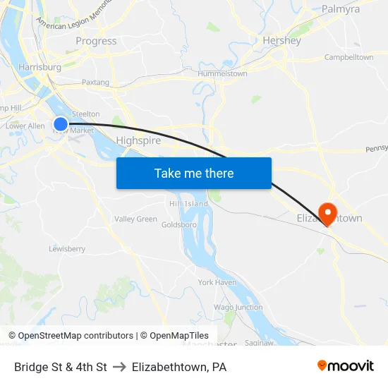 Bridge St & 4th St to Elizabethtown, PA map