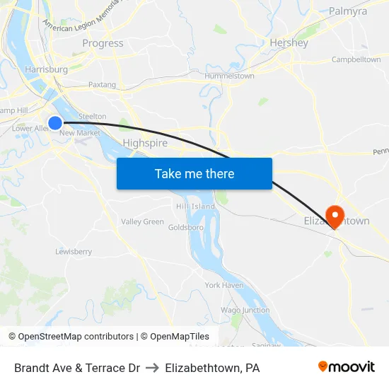 Brandt Ave & Terrace Dr to Elizabethtown, PA map