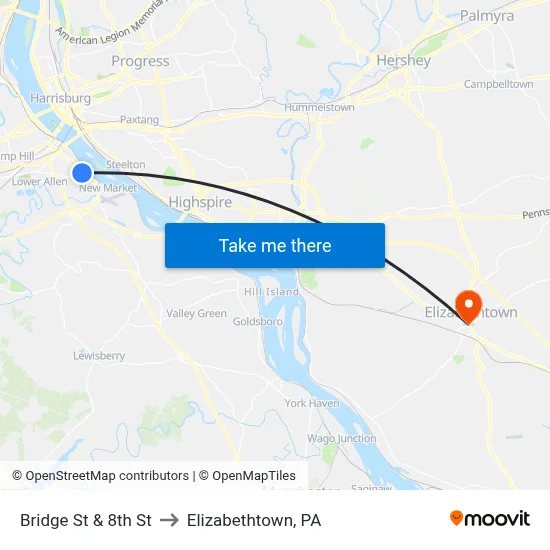 Bridge St & 8th St to Elizabethtown, PA map