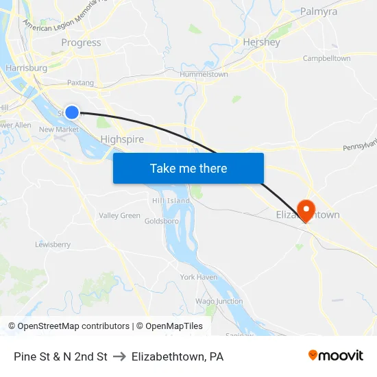 Pine St & N 2nd St to Elizabethtown, PA map