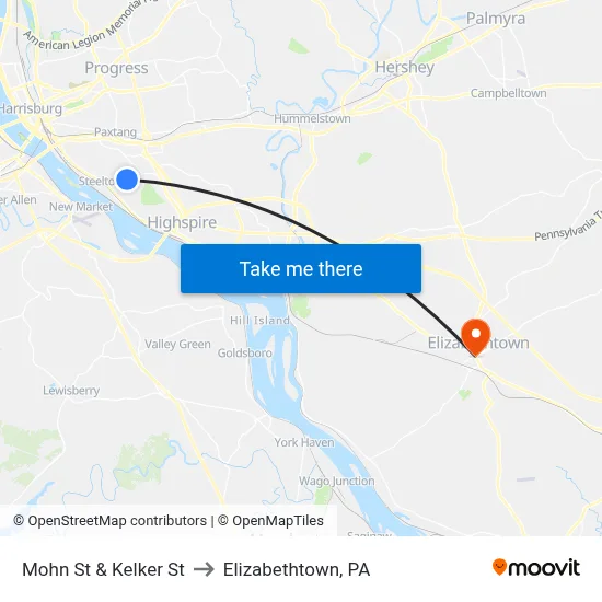 Mohn St & Kelker St to Elizabethtown, PA map