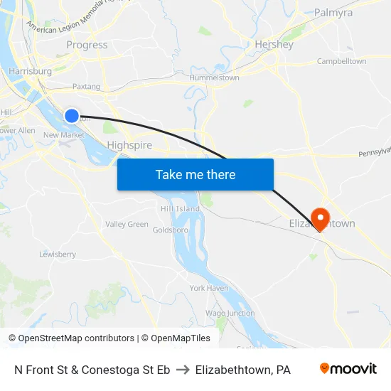 N Front St & Conestoga St Eb to Elizabethtown, PA map