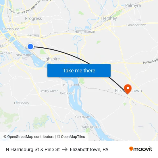 N Harrisburg St & Pine St to Elizabethtown, PA map