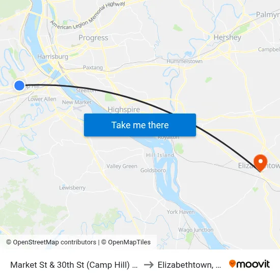 Market St & 30th St (Camp Hill) Eb to Elizabethtown, PA map
