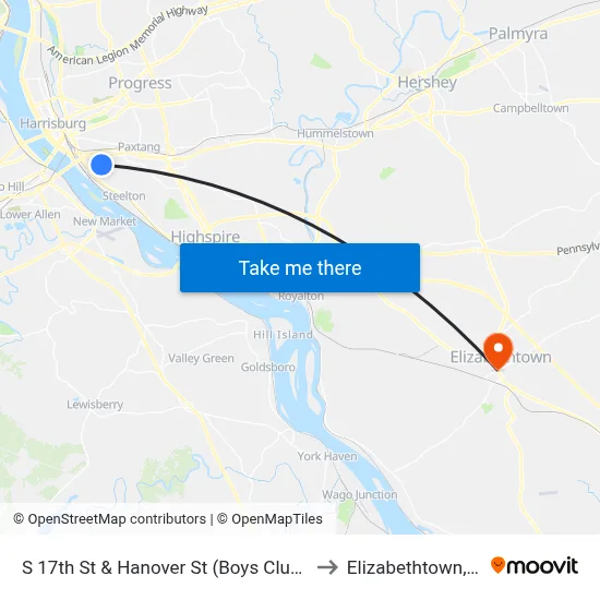S 17th St & Hanover St (Boys Club) Eb to Elizabethtown, PA map