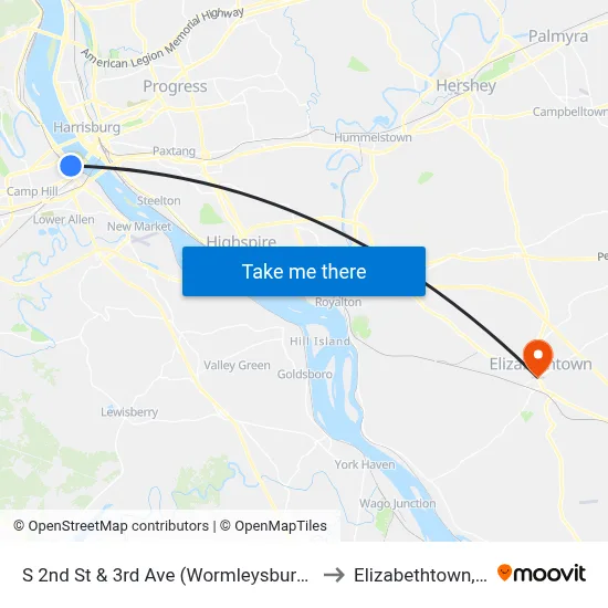 S 2nd St & 3rd Ave (Wormleysburg) Wb to Elizabethtown, PA map