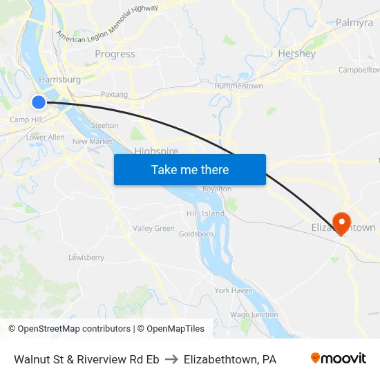 Walnut St & Riverview Rd Eb to Elizabethtown, PA map