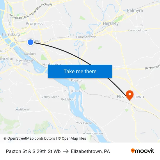 Paxton St & S 29th St Wb to Elizabethtown, PA map