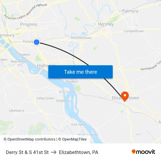 Derry St & S 41st St to Elizabethtown, PA map