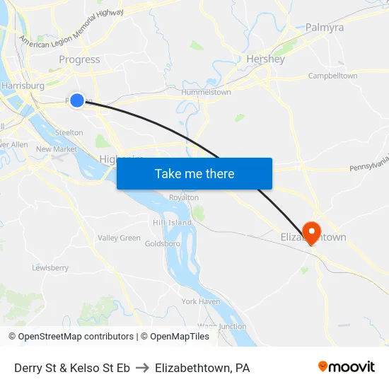 Derry St & Kelso St Eb to Elizabethtown, PA map