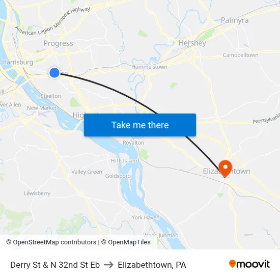 Derry St & N 32nd St Eb to Elizabethtown, PA map