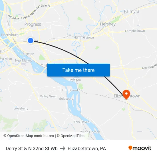 Derry St & N 32nd St Wb to Elizabethtown, PA map