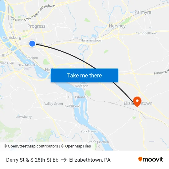 Derry St & S 28th St Eb to Elizabethtown, PA map