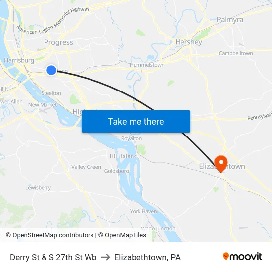 Derry St & S 27th St Wb to Elizabethtown, PA map