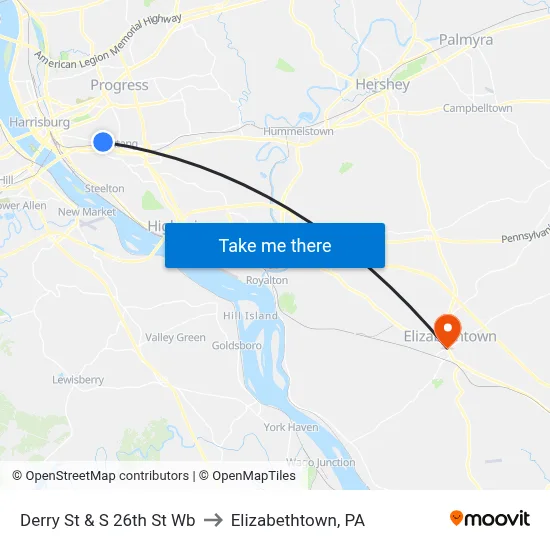 Derry St & S 26th St Wb to Elizabethtown, PA map