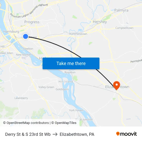 Derry St & S 23rd St Wb to Elizabethtown, PA map