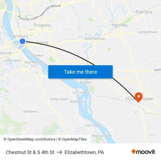 Chestnut St & S 4th St to Elizabethtown, PA map