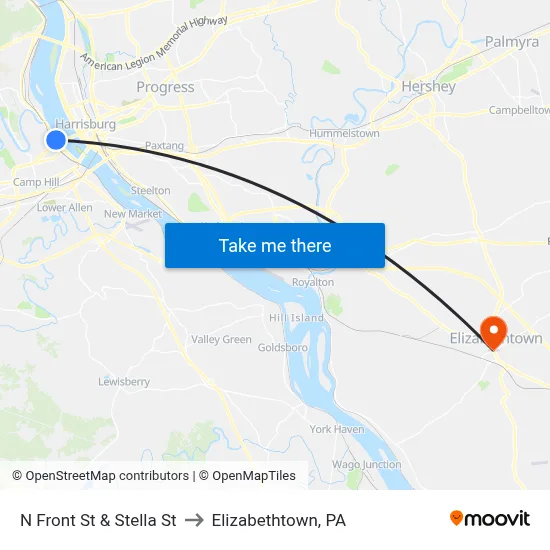 N Front St & Stella St to Elizabethtown, PA map