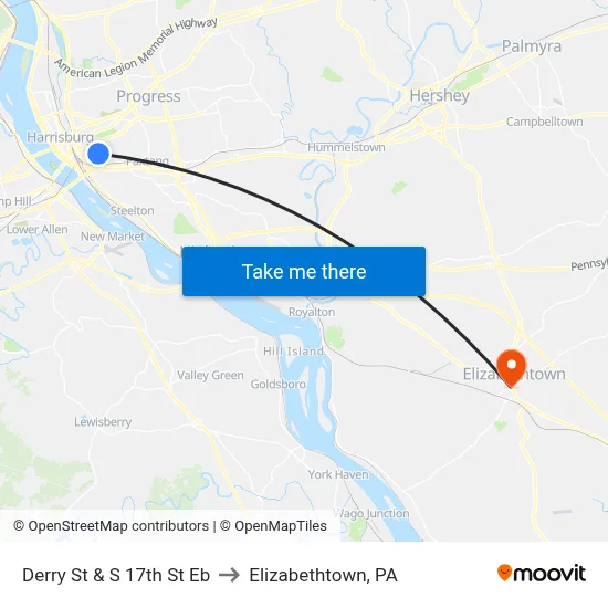Derry St & S 17th St Eb to Elizabethtown, PA map