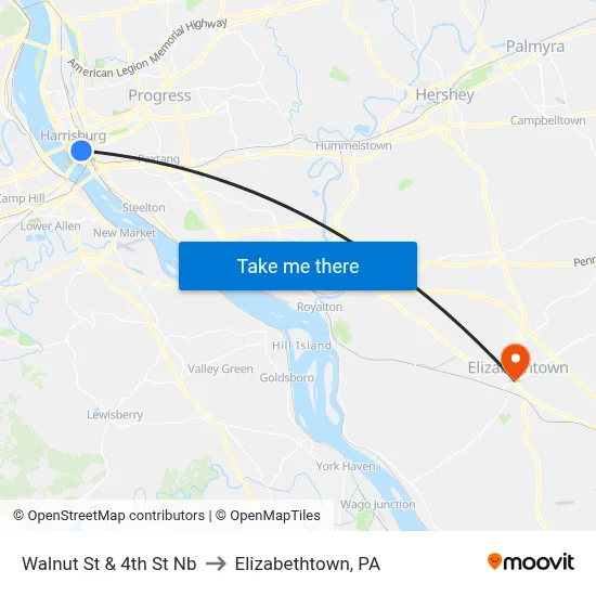 Walnut St & 4th St Nb to Elizabethtown, PA map