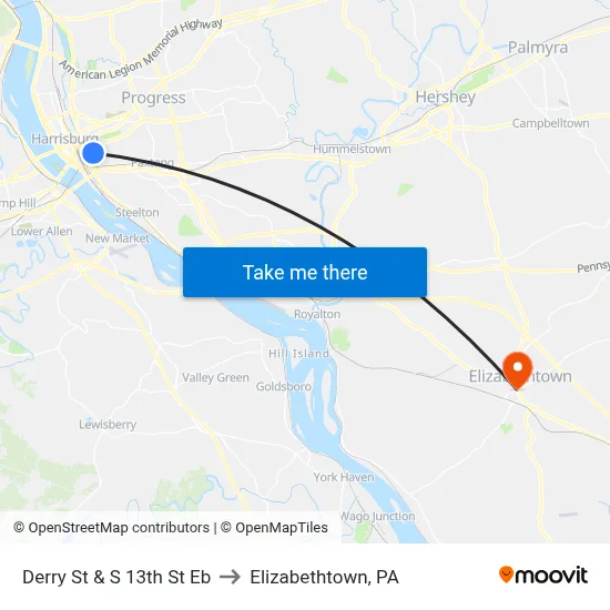 Derry St & S 13th St Eb to Elizabethtown, PA map
