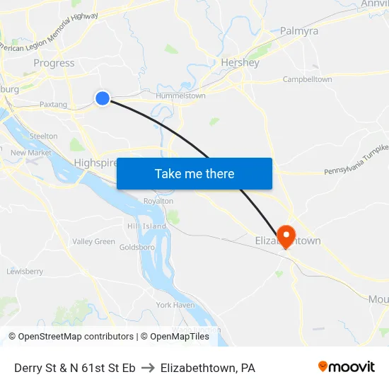 Derry St & N 61st St Eb to Elizabethtown, PA map