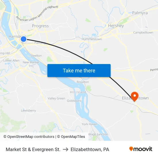 Market St & Evergreen St. to Elizabethtown, PA map