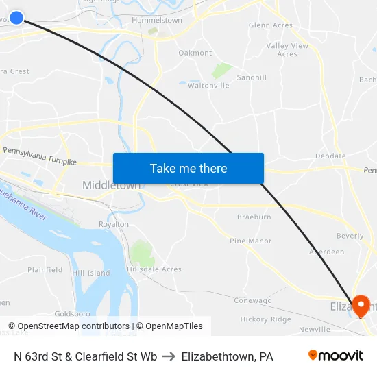 N 63rd St & Clearfield St Wb to Elizabethtown, PA map