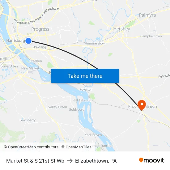 Market St & S 21st St Wb to Elizabethtown, PA map