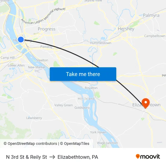 N 3rd St & Reily St to Elizabethtown, PA map