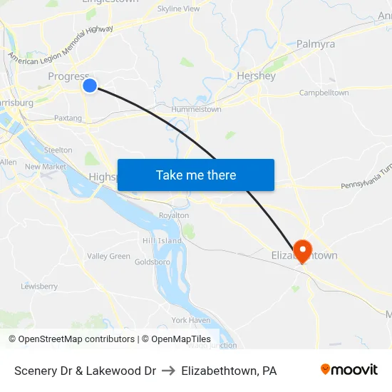 Scenery Dr & Lakewood Dr to Elizabethtown, PA map